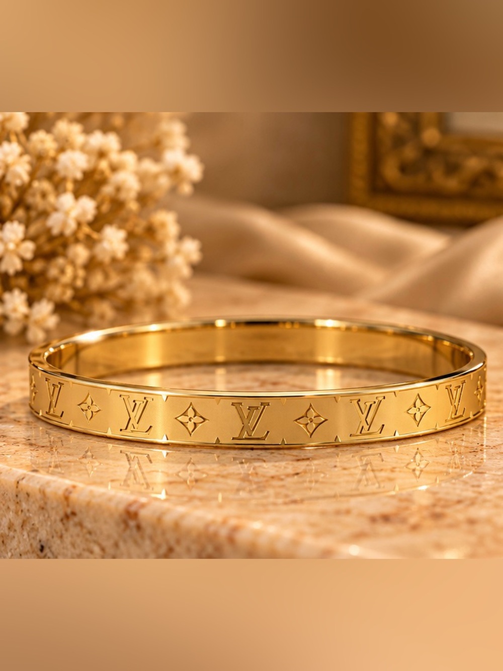 Engraved Gold Tone Bangle Bracelet Minimalist Statement Jewelry